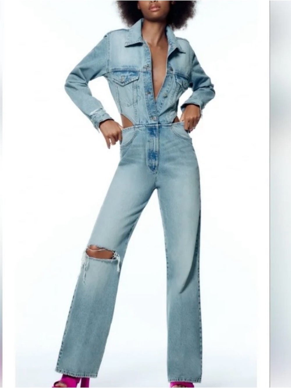 zara denim wide leg cut out waist jumpsuit